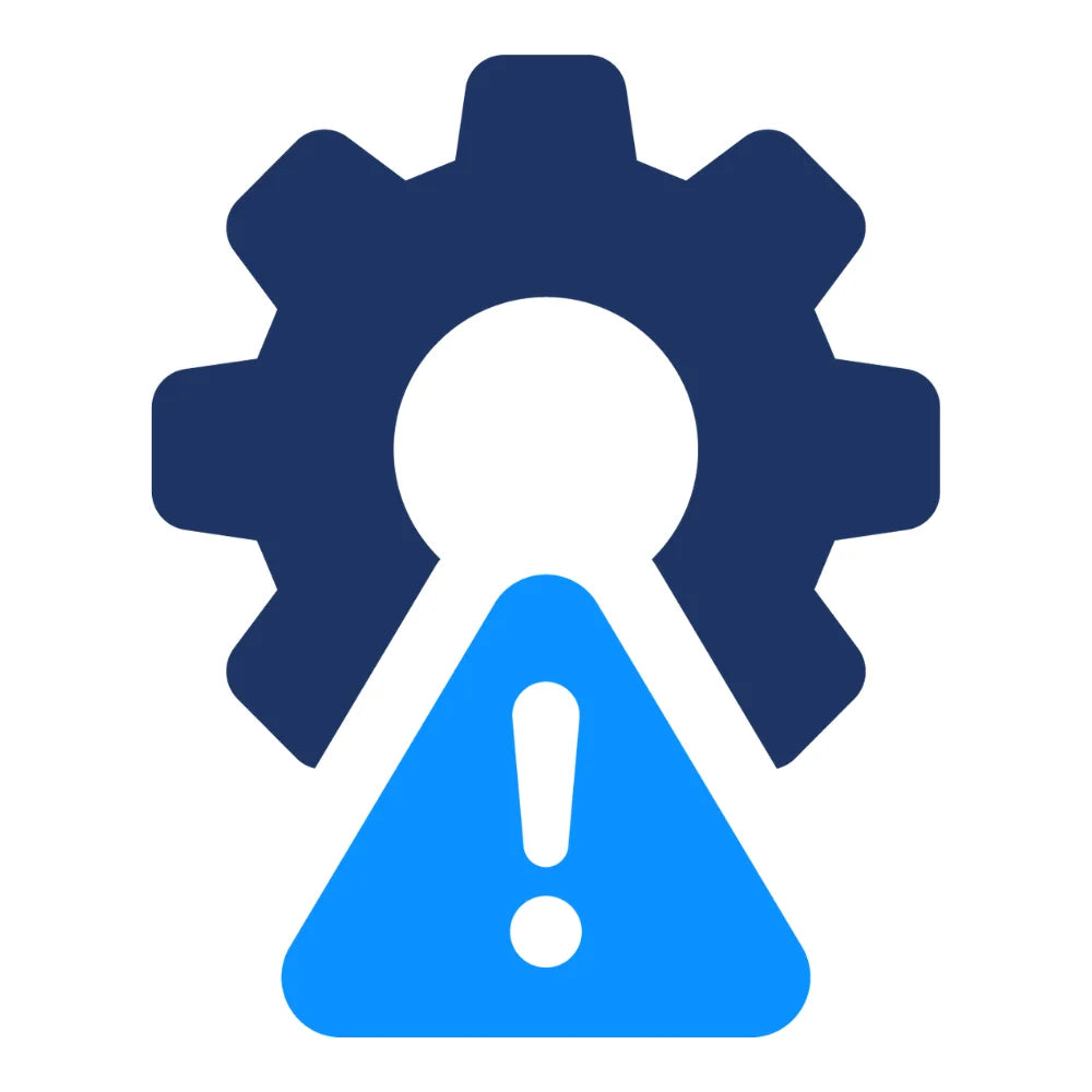 Icon with a gear, person, and exclamation mark on a white background