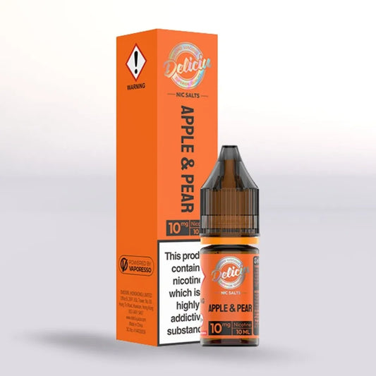 
Delicieu Apple & Pear Vaporesso 10mg vape juice 10ml bottle and packaging on a white background