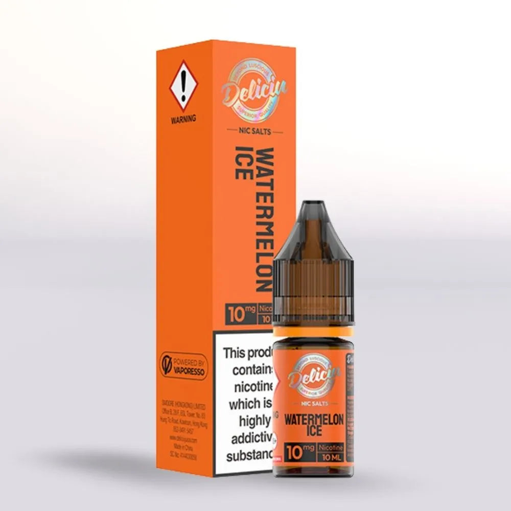 Vaporesso Deliciou Nic Salts 10mg watermelon ice vape juice 10ml bottle and packaging on a white background