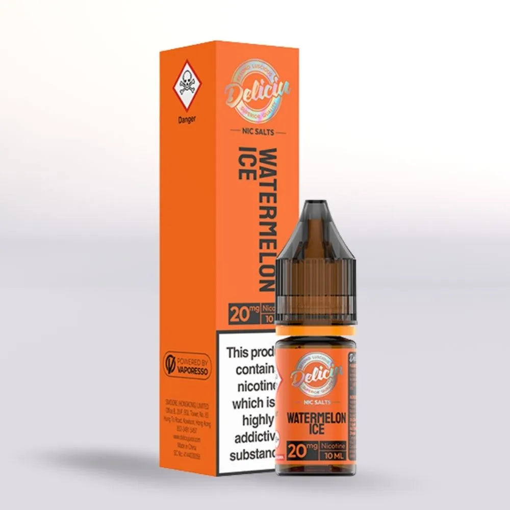 Vaporesso Deliciou Nic Salts20mg watermelon ice vape juice 10ml bottle and packaging on a white background