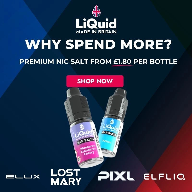 Advertisement for One Pound E - LiQuid premium nicotine salt with two E-LIQUID bottles on a geometric blue and red background.