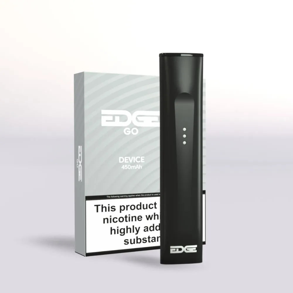 Black Edge Go vaping device with packaging on a light gray background