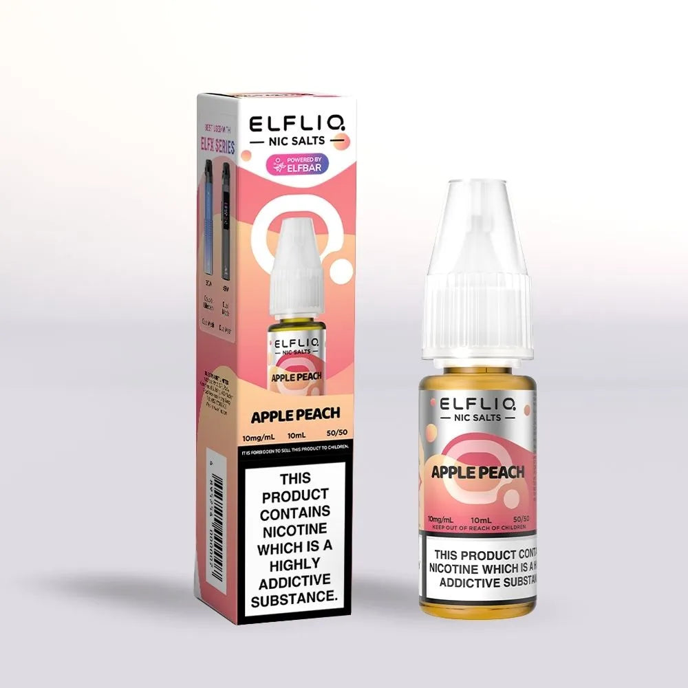 Elfliq Apple Peach 10mg nicotine salt  e-liquid 10ml bottle and packaging on a white background