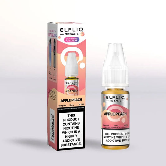
Elfliq Apple Peach 10mg nicotine salt  e-liquid 10ml bottle and packaging on a white background