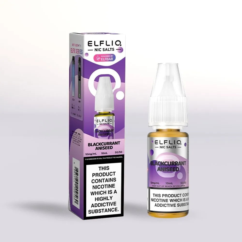 Elfliq Blackcurrant Aniseed 10mg nicotine salt e-liquid 10ml bottle and packaging on a white background