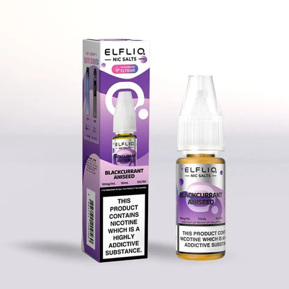 
Elfliq Blackcurrant Aniseed 10mg nicotine salt e-liquid 10ml bottle and packaging on a white background