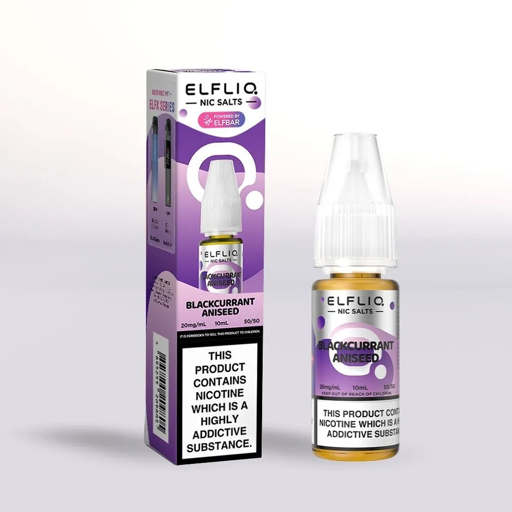 Elfliq Blackcurrant Aniseed 20mg nicotine salt e-liquid 10ml bottle and packaging on a white background
