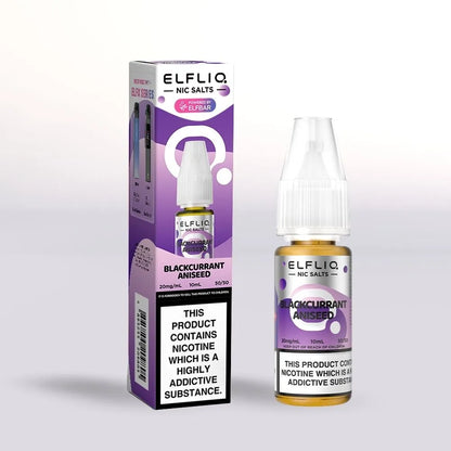 
Elfliq Blackcurrant Aniseed 20mg nicotine salt e-liquid 10ml bottle and packaging on a white background