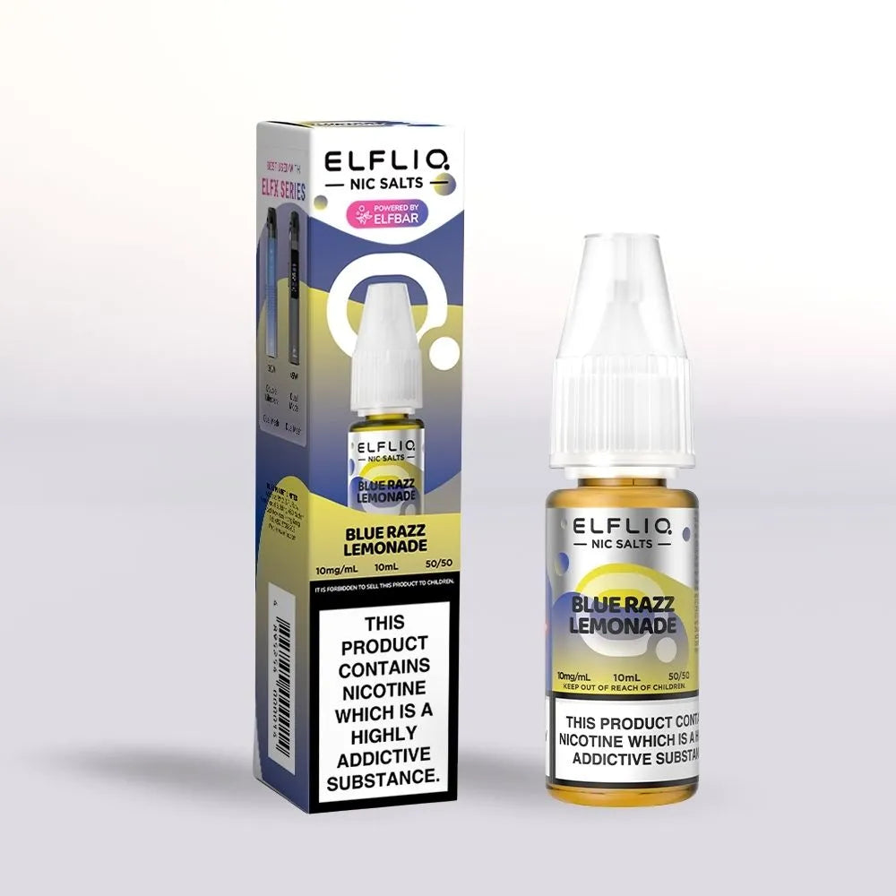 Elfliq Blue Razz Lemonade 10mg  nicotine salt e-liquid 10ml bottle and packaging on a white background