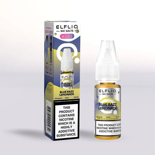 
Elfliq Blue Razz Lemonade 20mg nicotine salt e-liquid 10ml bottle and packaging on a white background