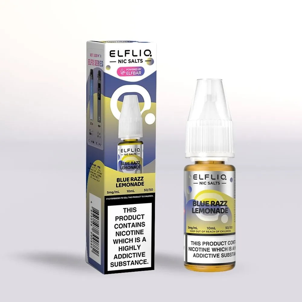 Elfliq Blue Razz Lemonade 5mg nicotine salt packaging and 10ml bottle on a white background