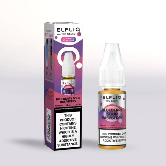 
Elfliq Blueberry Sour Raspberry 10mg nicotine salt vape juice 10ml bottle and packaging on a white background