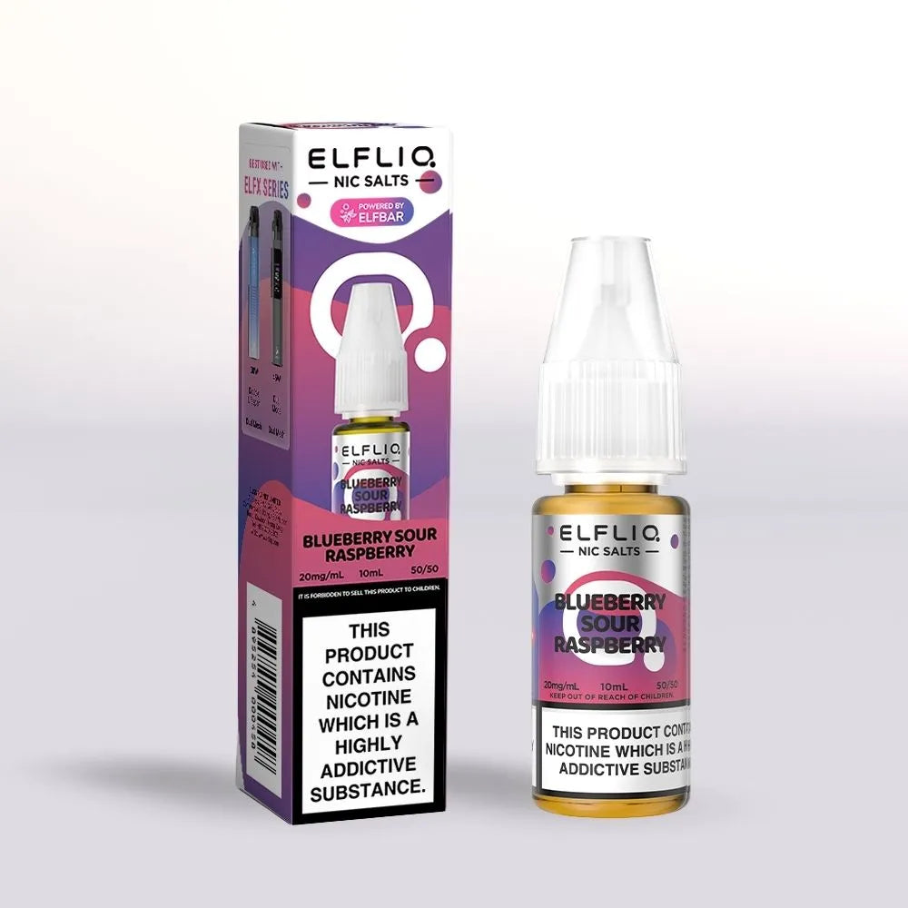 Elfliq Blueberry Sour Raspberry 20mg nicotine salt vape juice 10ml bottle and packaging on a white background