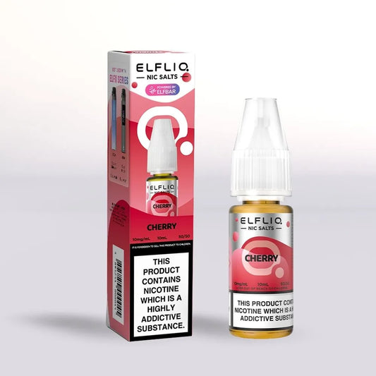 
Elfliq Cherry 10mg nicotine salt e-liquid 10ml bottle and packaging on a white background
