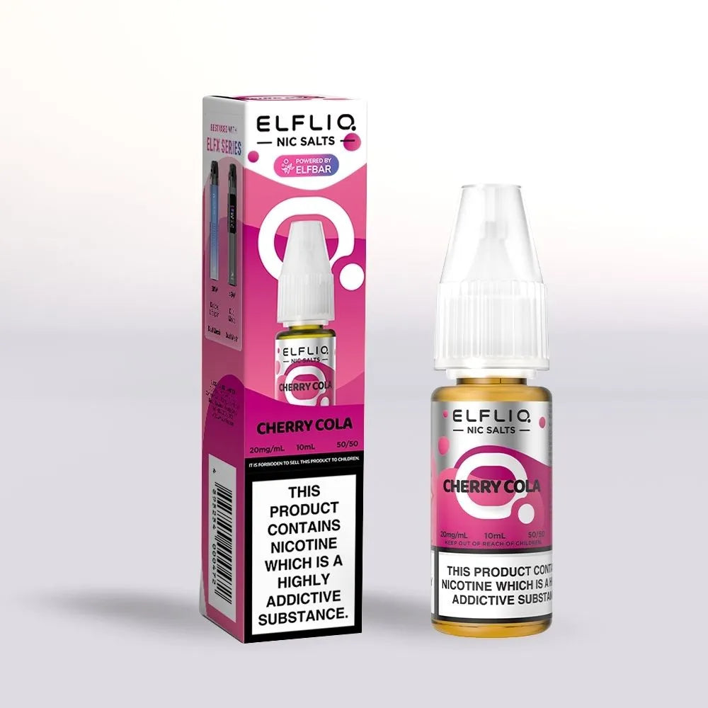 Elfliq Cherry Cola 20mg nicotine salt e-liquid 10ml bottle and packaging on a white background