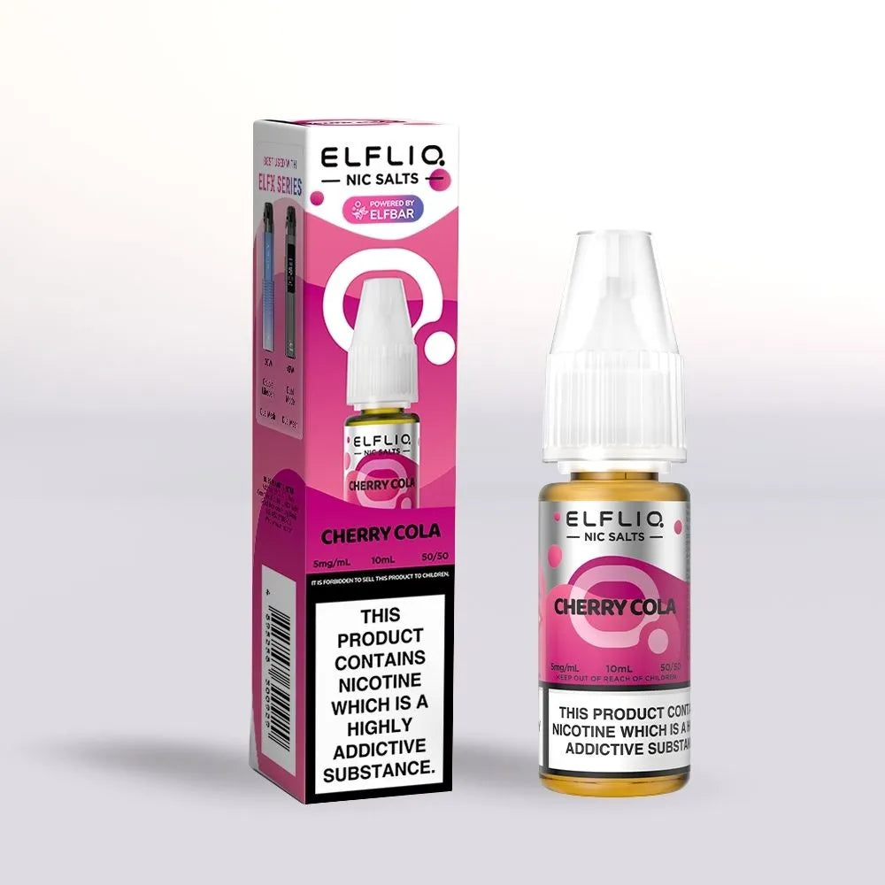 Elfliq Cherry Cola 5mg nicotine salt e-liquid 10ml bottle and packaging on a white background