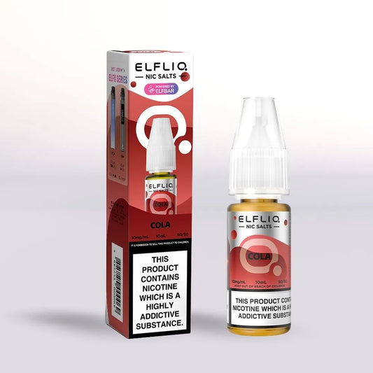 
Elfliq Cola 10mg nicotine salt e-liquid 10ml bottle and packaging on a white background