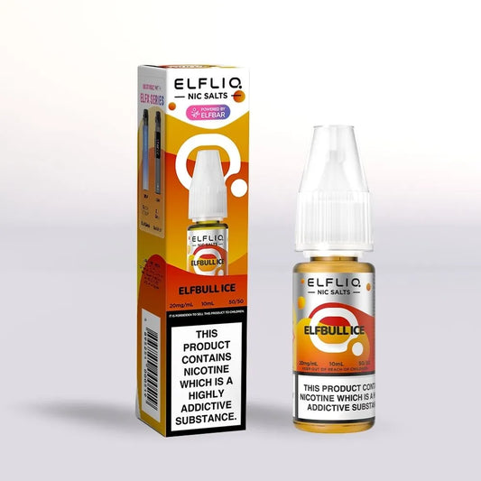
Elfliq Elfbull 20mg Ice nicotine salt packaging and 10ml bottle on a white background