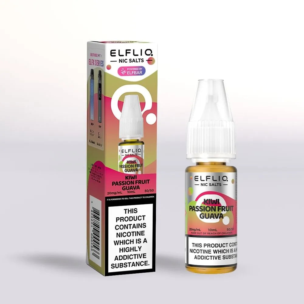 Elfliq Kiwi Passion fruit Guava 20mg nicotine salt e-liquid 10ml bottle and packaging on a white background
