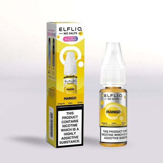 
Elfliq Mango 10mgnicotine salt e-liquid 10ml bottle and packaging on a white background