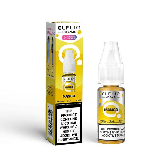 
Elfliq Mango 20mg nicotine salt e-liquid 10ml bottle and packaging on a white background