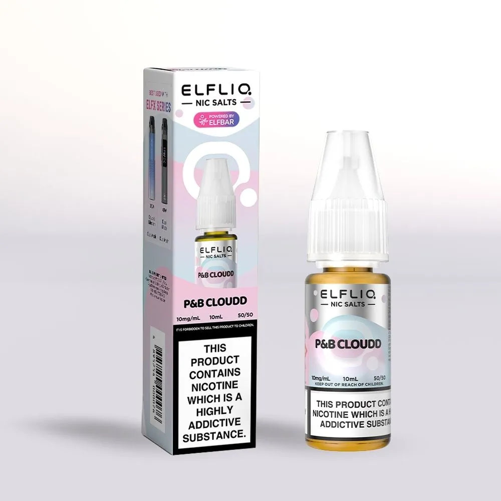 Elfliq P&G Cloudd 10mg nicotine salt vape juice 10ml bottle and packaging on a white background