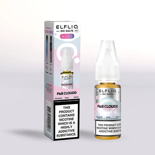 
Elfliq P&B Cloud 20mg nicotine salt packaging and 10ml bottle on a white background