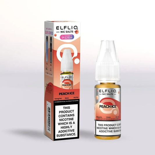 
Elfliq Peach Ice 10mg nicotine salt packaging and 10ml  bottle on a white background