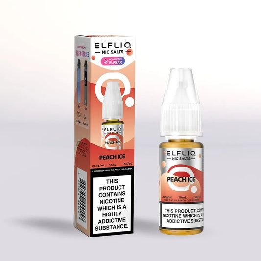 
Elfliq Peach Ice 20mg nicotine salt packaging and 10ml bottle on a white background