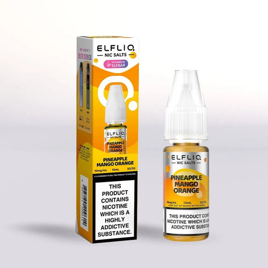 
Elfliq Pineapple Mango Orange 10mg nicotine salt e-liquid 10ml bottle and packaging on a white background