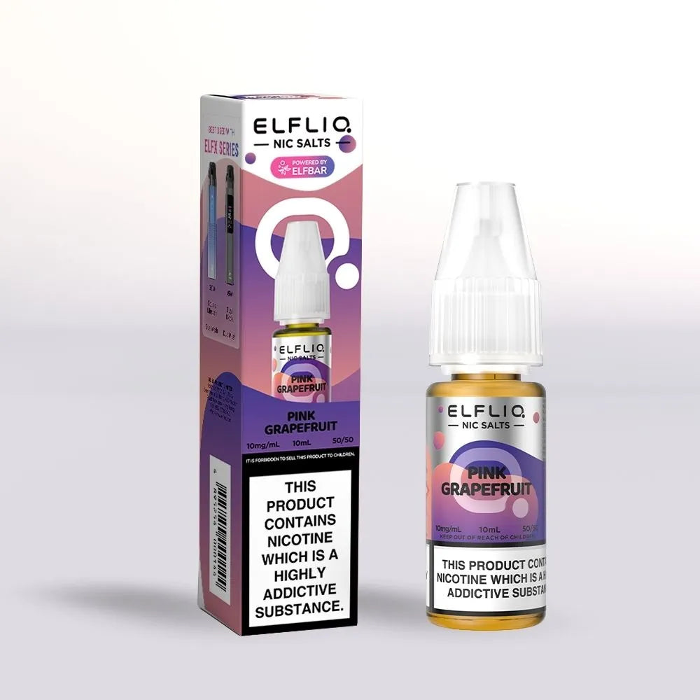 Elfliq Pink Grapefruit 10mg nicotine salt e-liquid 10ml bottle and packaging on a white background