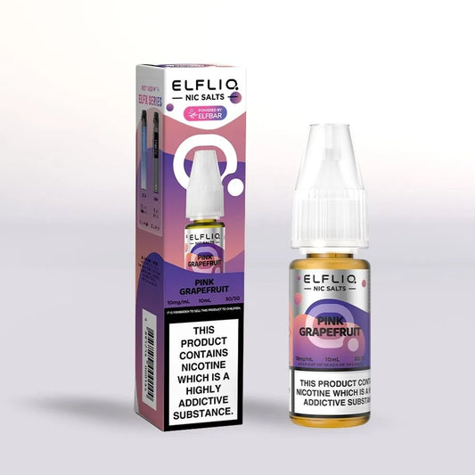 
Elfliq Pink Grapefruit 10mg nicotine salt e-liquid 10ml bottle and packaging on a white background