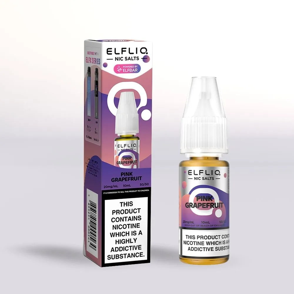 Elfliq Pink Grapefruit 20mg nicotine salt e-liquid 10ml bottle and packaging on a white background