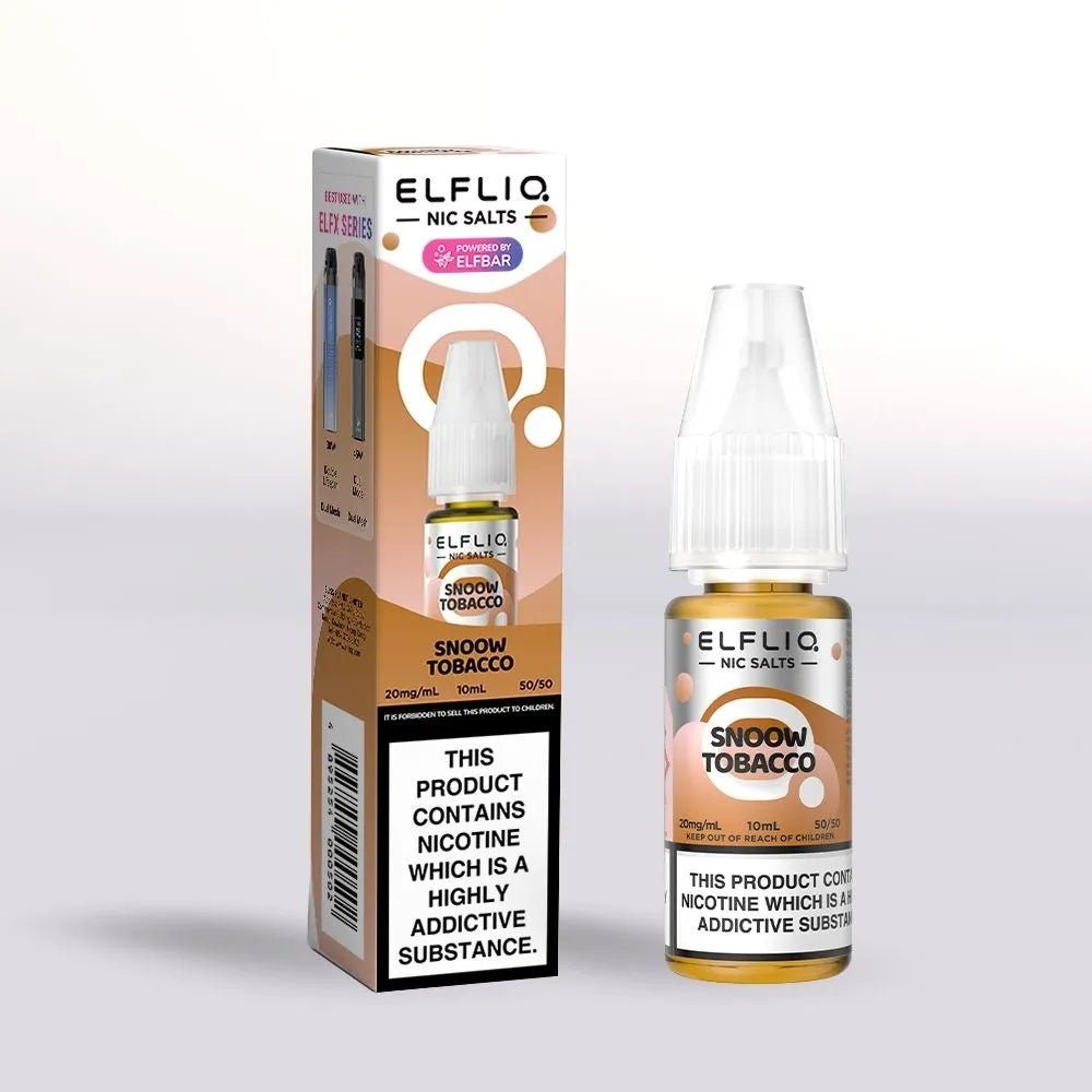 Elfliq Snow Tobacco 20mg nicotine salt  e-liquid 10ml bottle and packaging on a white background