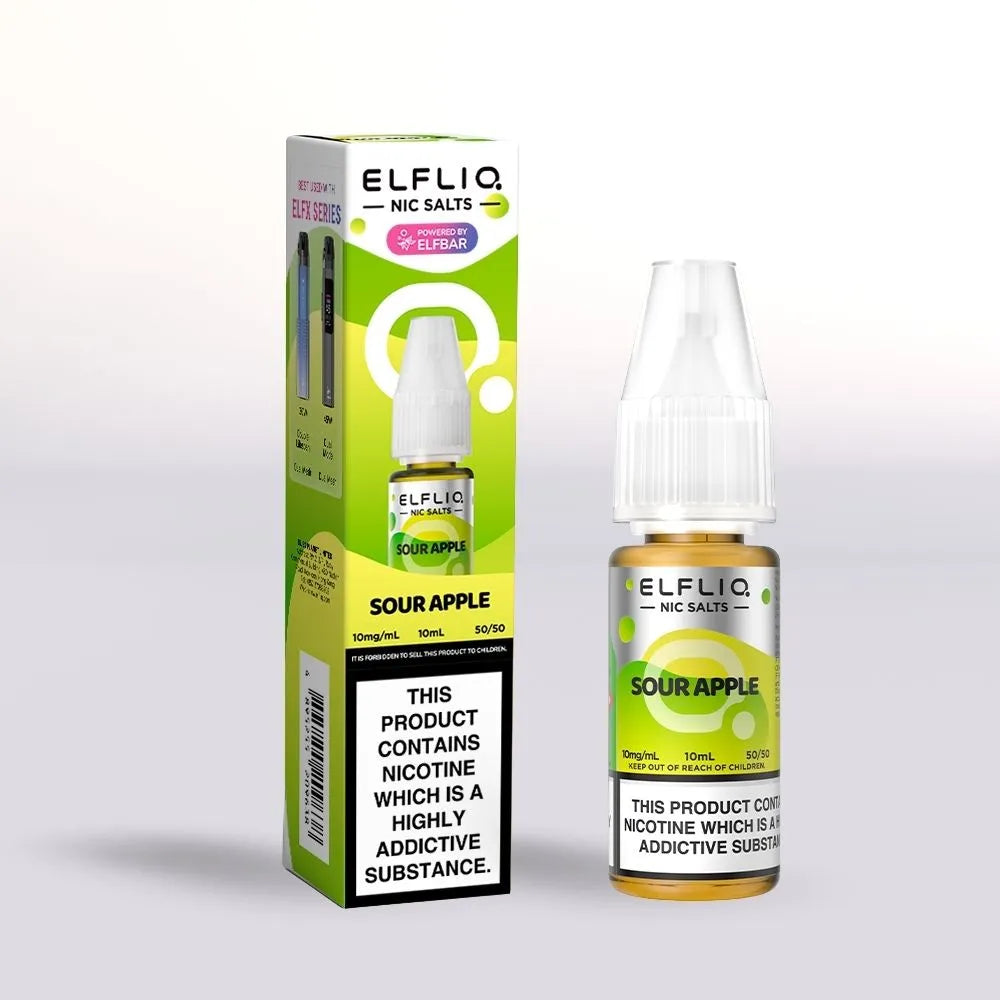 Elfliq Sour Apple 10mg nicotine salt e-liquid 10ml  bottle and packaging on a white background