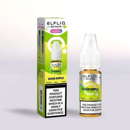 
Elfliq Sour Apple 10mg nicotine salt e-liquid 10ml  bottle and packaging on a white background