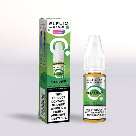 
Elfliq Spearmint 20mg nicotine salt e-liquid 10ml bottle and packaging on a white background