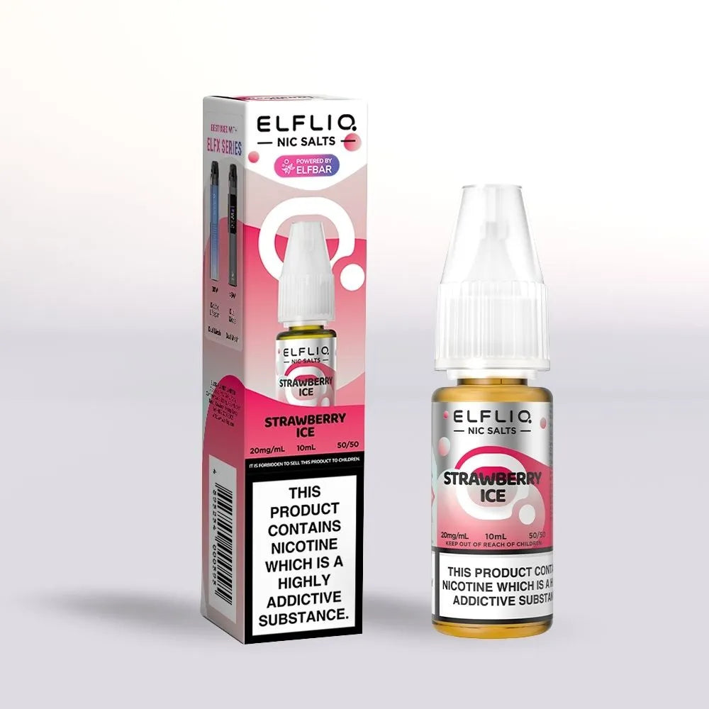 Elfliq Strawberry Ice 20mg nicotine salt e-liquid 10ml bottle and packaging on a white background