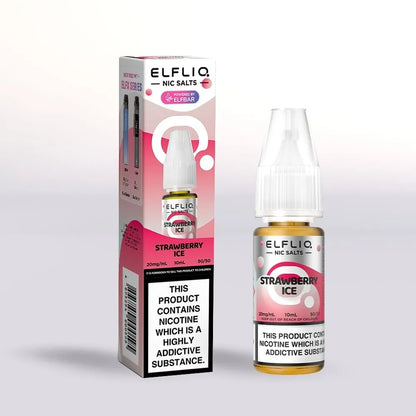 
Elfliq Strawberry Ice 20mg nicotine salt e-liquid 10ml bottle and packaging on a white background