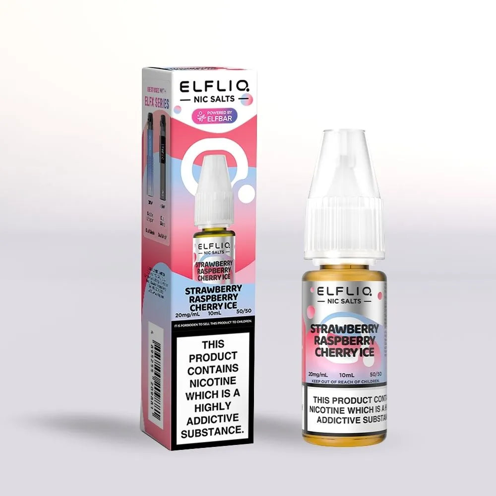Elfliq Strawberry Raspberry Cherry Ice 20mg nicotine salt e-liquid 10ml bottle and packaging on a white background