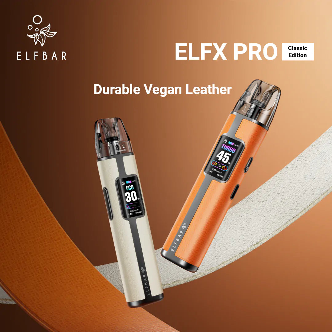 Two ELF BAR ELFX PRO vape devices on a brown background with 'Durable Vegan Leather' text.