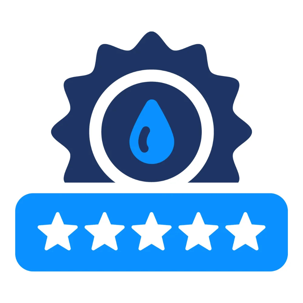 Five-star rating icon with a water droplet symbol on a white background