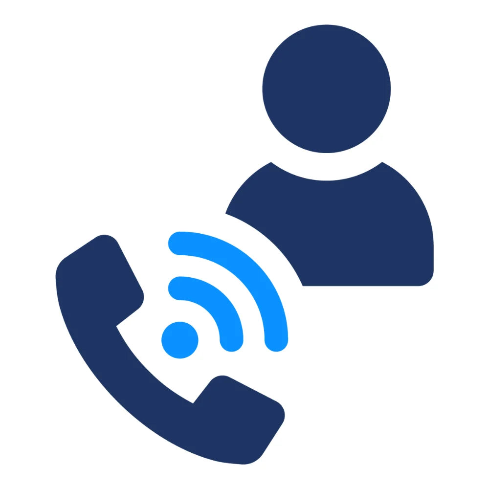 Blue phone icon with a person silhouette on a white background