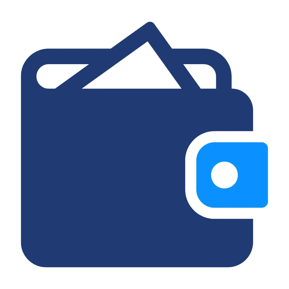 Blue icon of a wallet with a white square on a white background