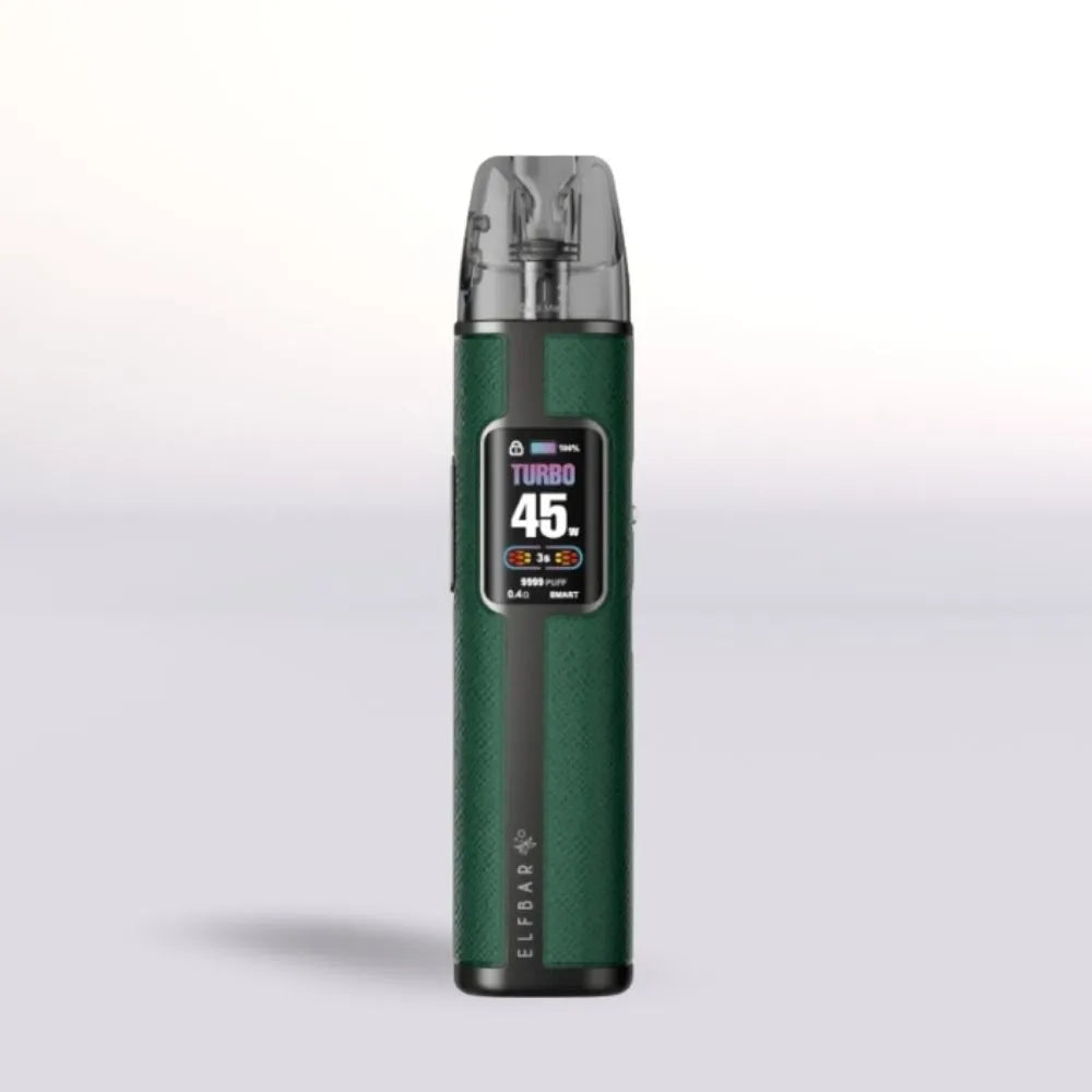 Green vape Elf Bar elfx pro device with digital display on a light gray background