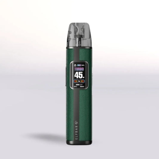 
Green vape Elf Bar elfx pro device with digital display on a light gray background