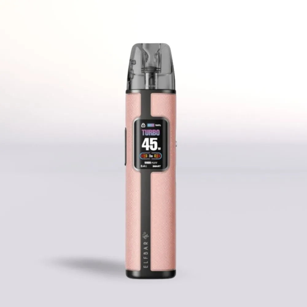 
Rose gold Elf Bar Elfx Pro device with digital display on a light gray background