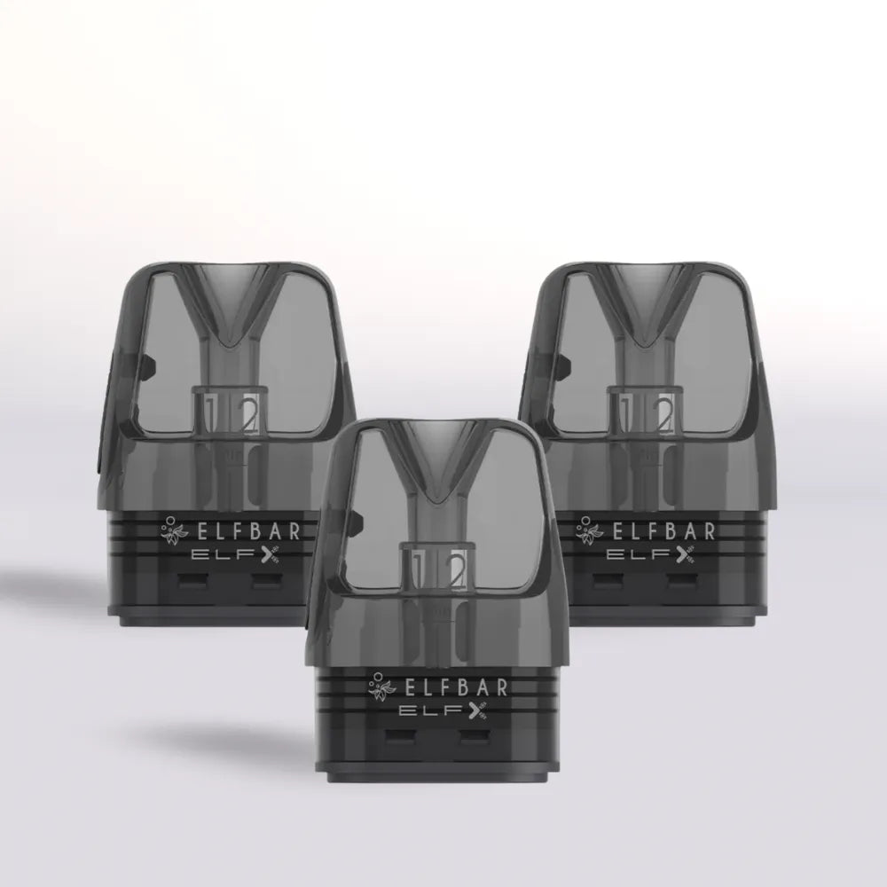 Three black ELF BAR ELFX pods on a light gray background