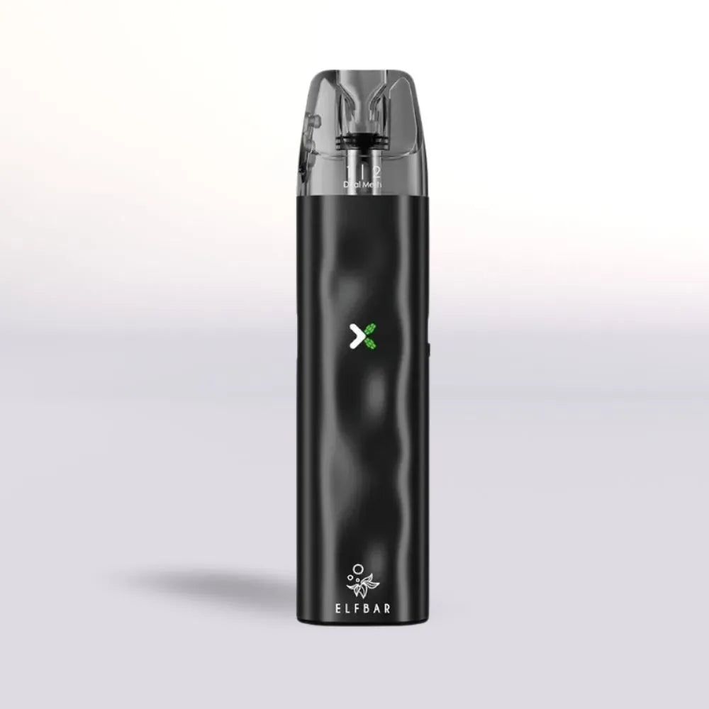 Black Elf Bar ElfX Mini vape device with ELF BAR branding on a light gray background