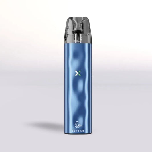 
Blue Elf Bar ElfX Mini vape device  branding on a light gray background